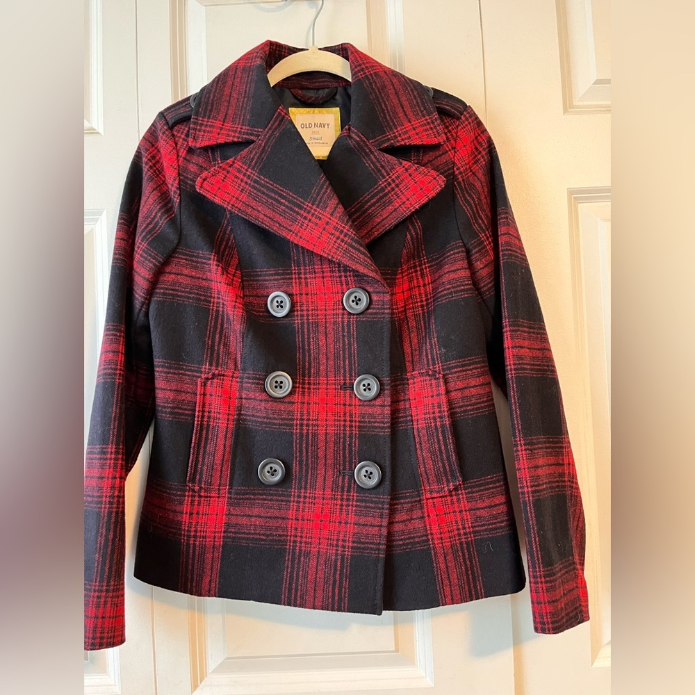 Old Navy red and blue plaid short pea coat.